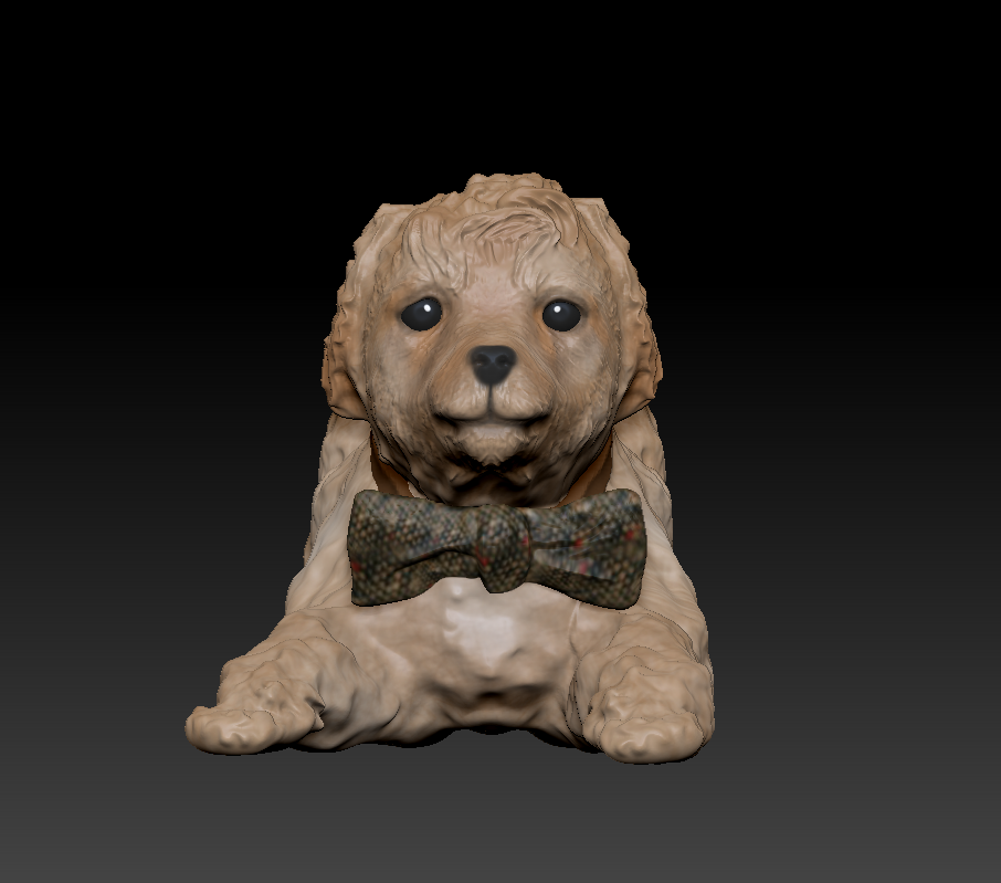 Custom 3D-printed puppy figurine wearing a bow tie, intricately designed to capture every detail of the pet’s expression and features